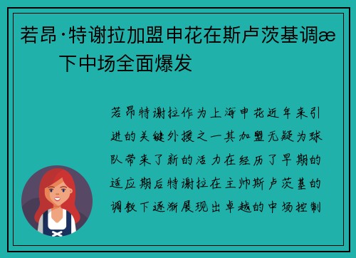 若昂·特谢拉加盟申花在斯卢茨基调教下中场全面爆发
